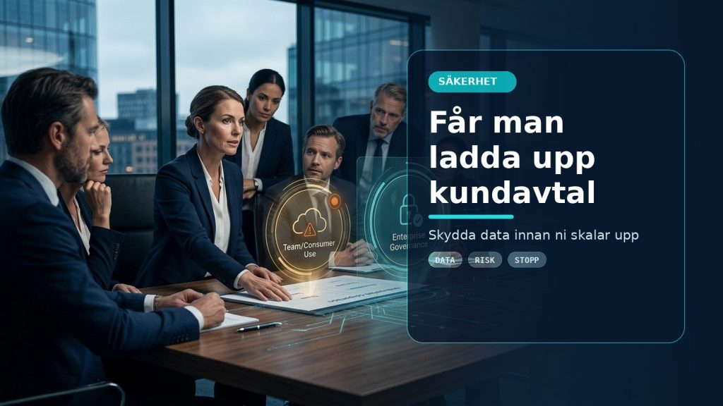 Illustration till artikeln Får man ladda upp kundavtal till ChatGPT? Juridik och risk, med ett AI-registret-motiv för säkerhet, kontroll och praktisk användning.