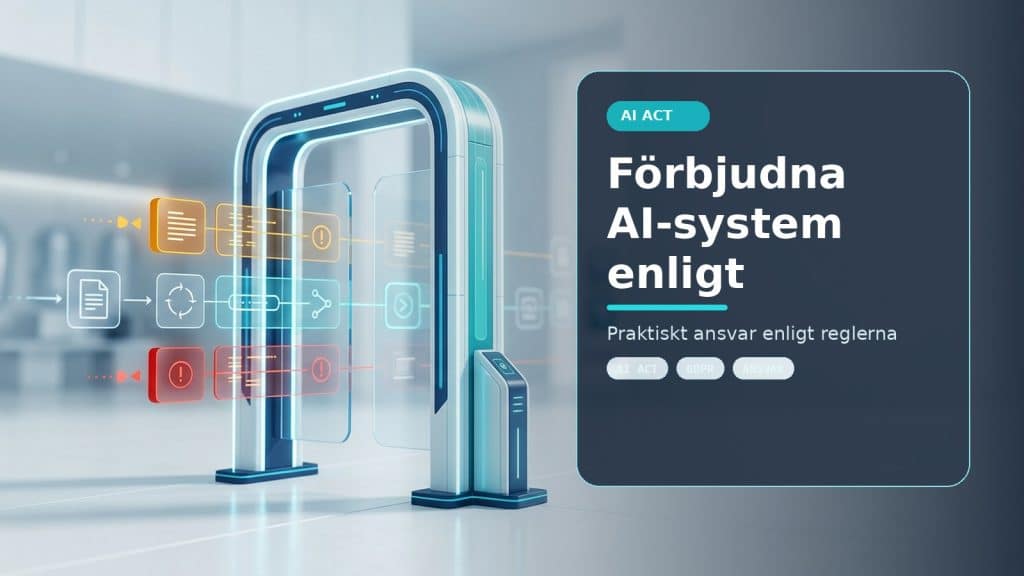 Illustration till artikeln Förbjudna AI-system enligt AI Act – vad gäller från 2026?, med ett AI-registret-motiv för ai act, kontroll och praktisk användning.