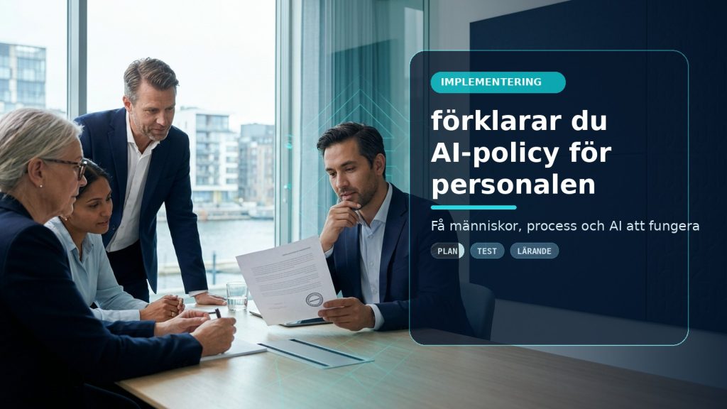 Illustration till artikeln Så förklarar du AI-policy för personalen på 10 minuter, med ett AI-registret-motiv för implementering, kontroll och praktisk användning.