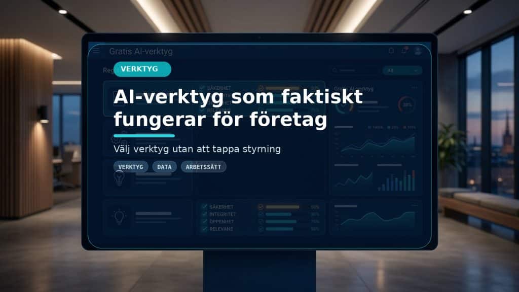 Illustration till artikeln Gratis AI-verktyg som faktiskt fungerar för företag, med ett AI-registret-motiv för verktyg, kontroll och praktisk användning.