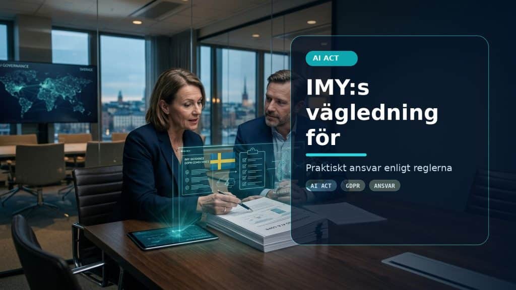 Illustration till artikeln IMY:s vägledning för AI och GDPR i Sverige, med ett AI-registret-motiv för ai act, kontroll och praktisk användning.