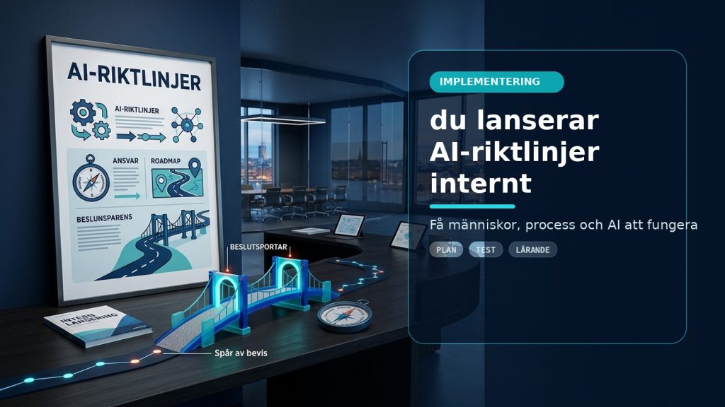 Illustration till artikeln Hur du lanserar AI-riktlinjer internt utan motstånd, med ett AI-registret-motiv för implementering, kontroll och praktisk användning.
