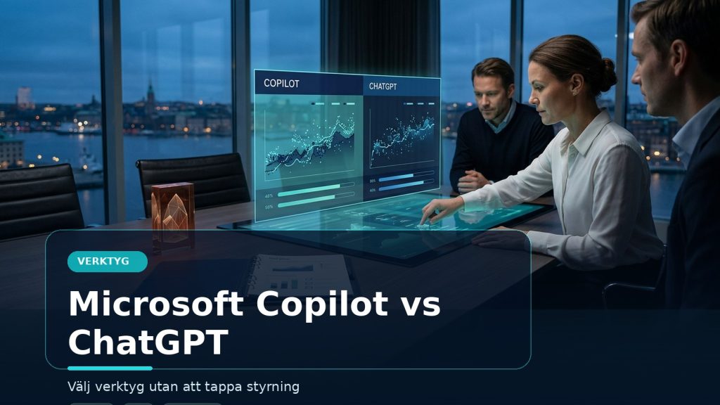 Illustration till artikeln Microsoft Copilot vs ChatGPT – praktisk jämförelse för svenska företag, med ett AI-registret-motiv för verktyg, kontroll och praktisk användning.