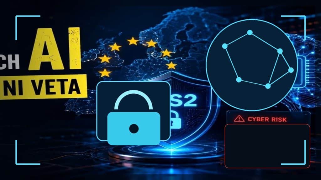 Illustration till artikeln om NIS2 och AI, med europeisk cybersäkerhetsmiljö, skyddssymbol och nätverkskontroll utan rubriktext.