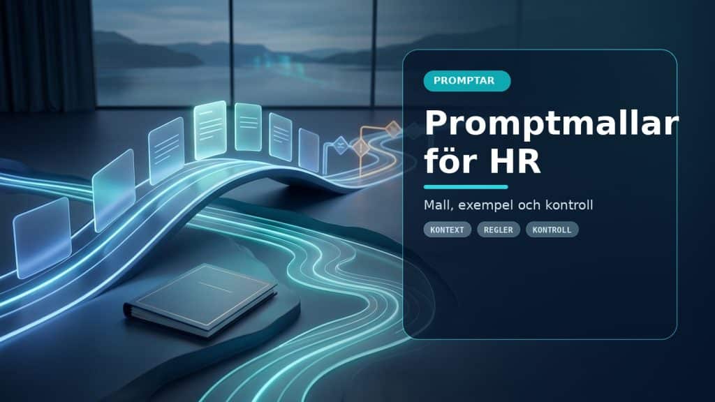 Illustration till artikeln Promptmallar för HR – från jobbannons till medarbetarsamtal, med ett AI-registret-motiv för promptar, kontroll och praktisk användning.