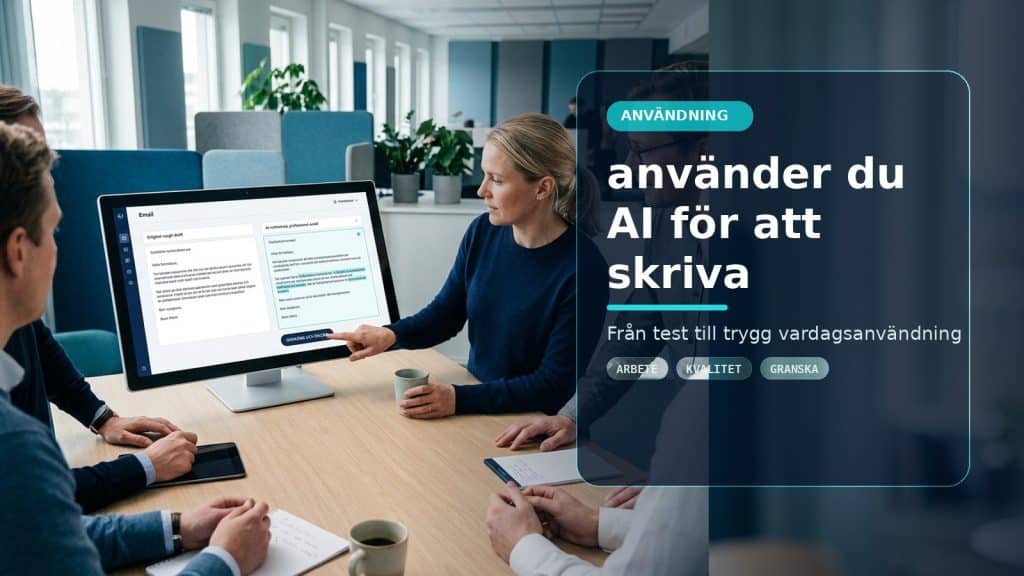 Illustration till artikeln Så använder du AI för att skriva bättre mejl, med ett AI-registret-motiv för användning, kontroll och praktisk användning.
