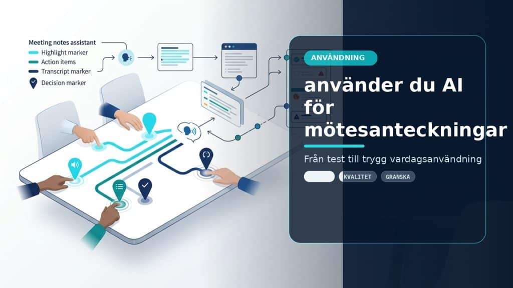 Illustration till artikeln Så använder du AI för mötesanteckningar och uppföljning, med ett AI-registret-motiv för användning, kontroll och praktisk användning.