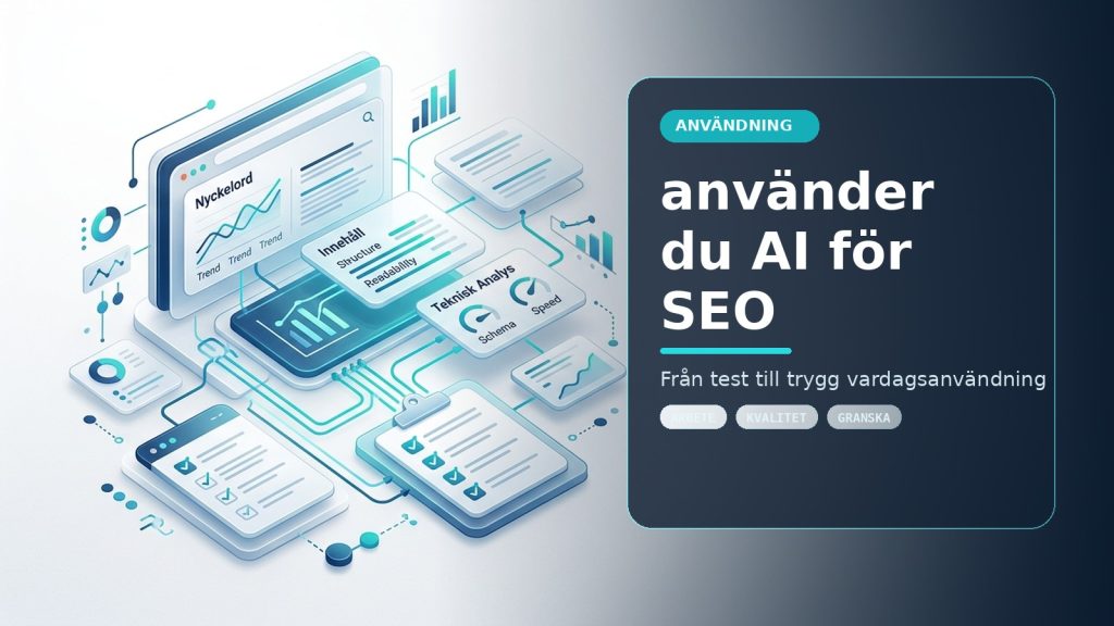 Illustration till artikeln Så använder du AI för SEO – nyckelord, innehåll och teknisk analys, med ett AI-registret-motiv för användning, kontroll och praktisk användning.