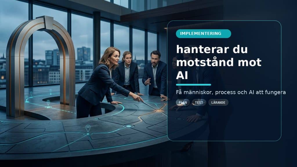Illustration till artikeln Så hanterar du motstånd mot AI på arbetsplatsen, med ett AI-registret-motiv för implementering, kontroll och praktisk användning.