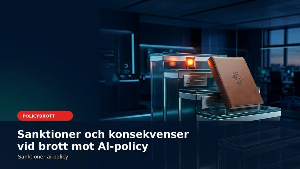 Illustration till artikeln Sanktioner och konsekvenser vid brott mot AI-policy, med consequence ladder with warning marker and employee policy file.