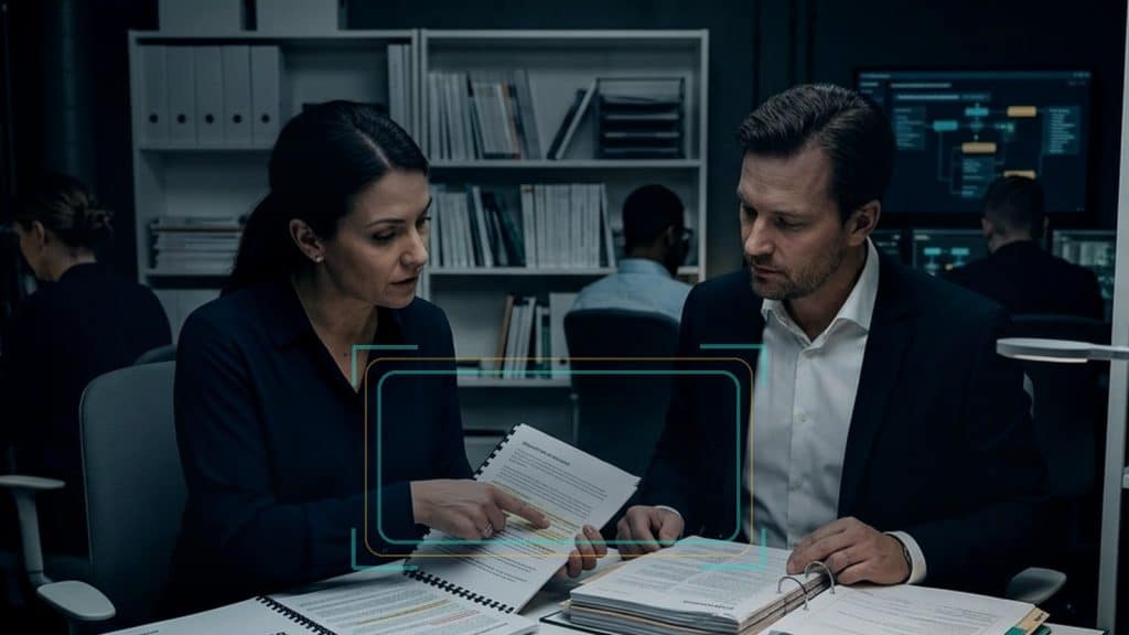 Illustration till artikeln om AI-ambassadörer, med två kollegor som granskar utbildningsmaterial och kontrollpunkter i en modern arbetsmiljö.