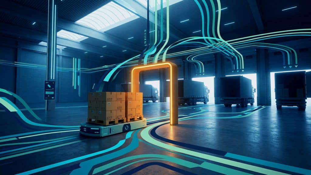 Illustration till artikeln AI för transport- och logistikföretag, med cinematic logistics control scene in a warehouse loading bay with route map ribbons, pallets, truck silhouettes and one amber exception gate, not an office desk and no dashboard wall.