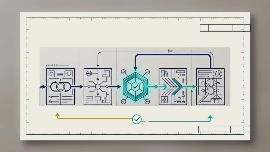 Illustration till artikeln om en enkel AI-governance-modell, med en textfri blueprint för kontrollflöde och beslutspunkter.