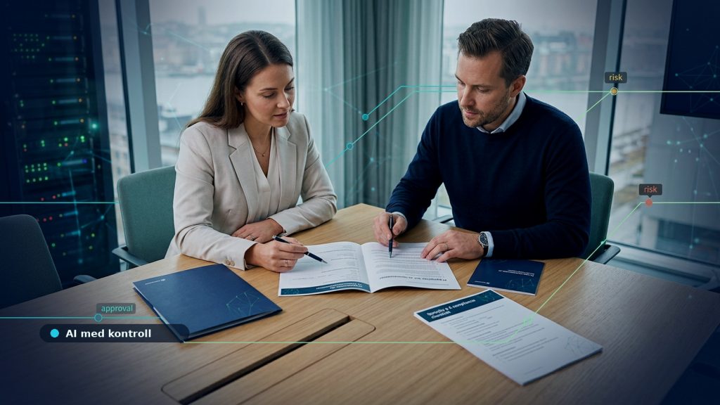 Illustration till artikeln Mall för AI-frågor till leverantörer, med real procurement and legal review meeting with supplier questionnaire, contract folder, security checklist and subtle teal approval route, no generic dashboard.