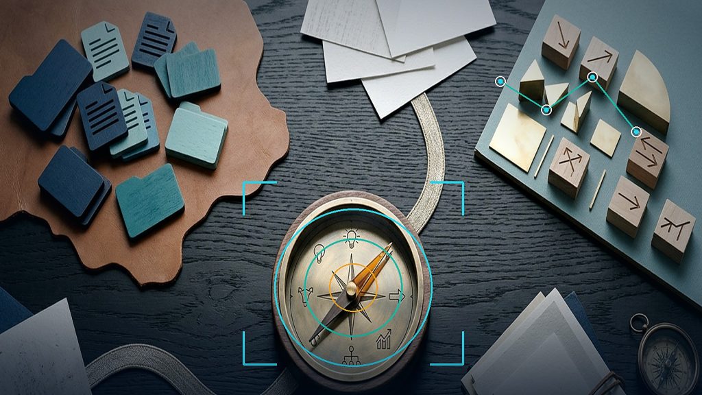 Illustration till artikeln om Notion AI för team, med kompass och strukturerade arbetsblock som symboliserar prioritering och kontroll.