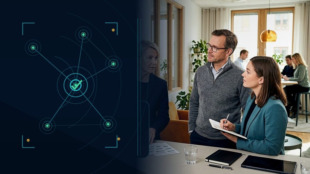 Illustration till artikeln om vem som ska äga AI-frågorna i företaget, med ledningsmöte och abstrakta kontrollpunkter.